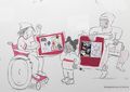 Das Bild zeigt ein Wandbild im Comicstil von Ka Schmitz. Darauf ist unter anderem eine Frau im Rollstuhl zu sehen.