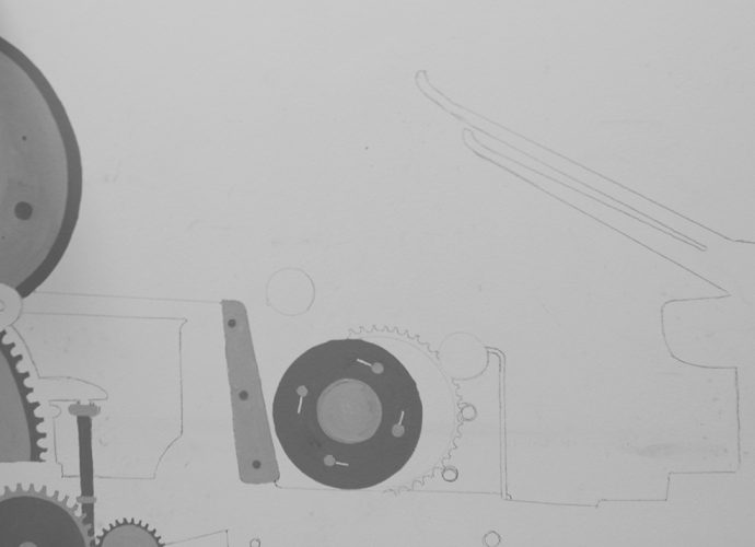weiße mauer mit grauem bildausschnitt einer skizze einer maschine mit zahnrädern und hebeln